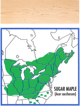 map of where hard maple grows and a wood swatch
